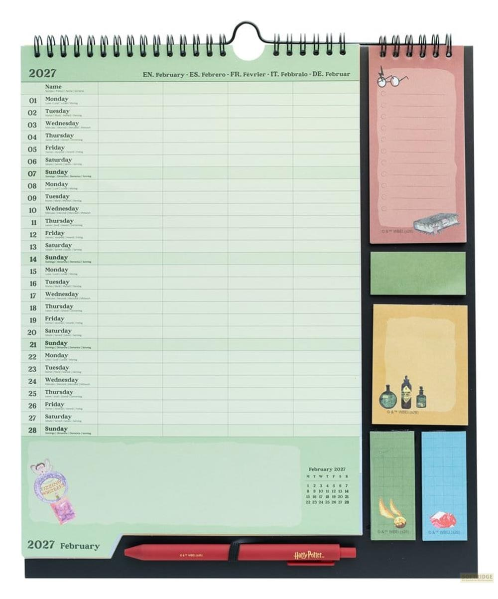 Un calendario temático de Harry Potter para febrero de 2027 con notas adhesivas y un bolígrafo.