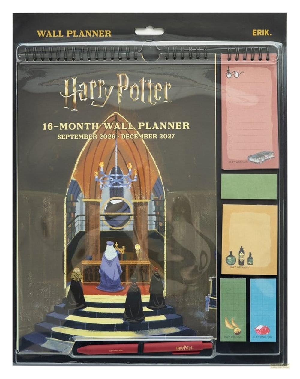 Calendario de pared de Harry Potter con escena de Hogwarts, notas y bolígrafo.