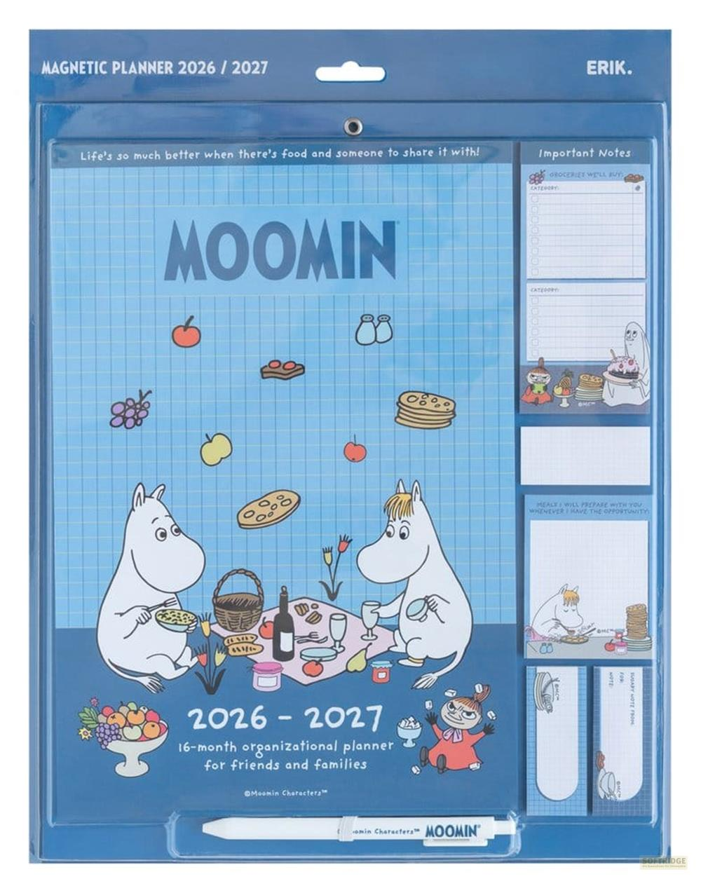 Un planificador magnético Moomin para 2026-2027 en empaque azul, con personajes de Moomin haciendo un pícnic.