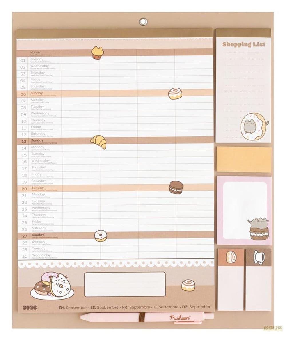 Calendario de pared Pusheen de septiembre de 2026 con planificador mensual y lista de compras.