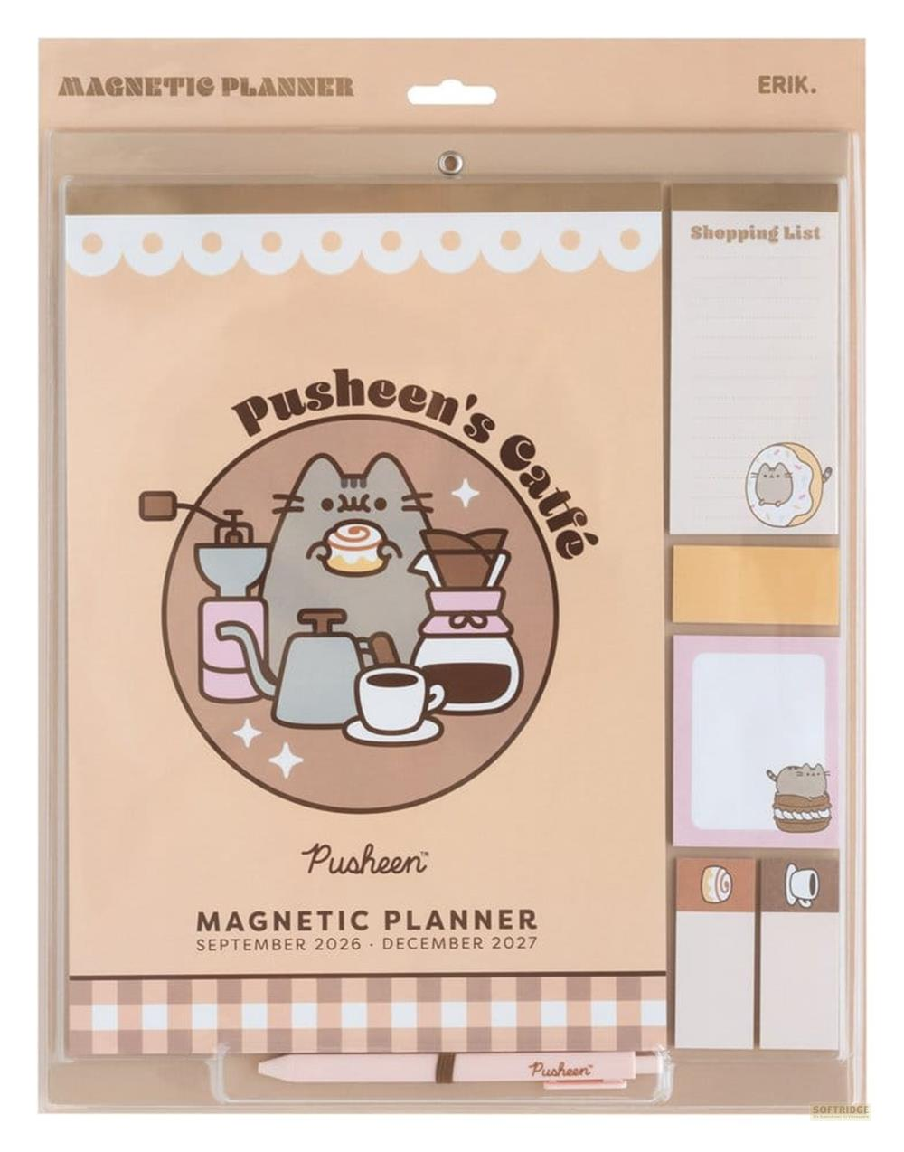 Planificador magnético de Pusheen con tema de café, lista de compras y notas adhesivas.