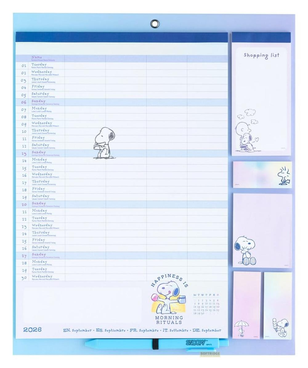 Ein Snoopy-Kalender für 2026 mit Monatsübersicht, Einkaufsliste, Notizen und Stift auf hellem Blau.