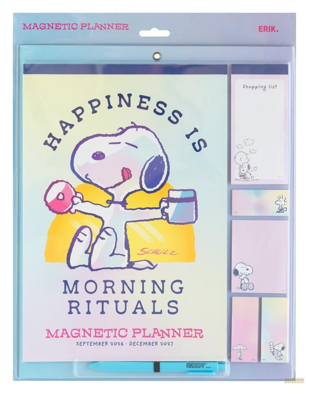 Snoopy Magnetplaner Set mit Notizblöcken und blauem Stift in Verpackung.