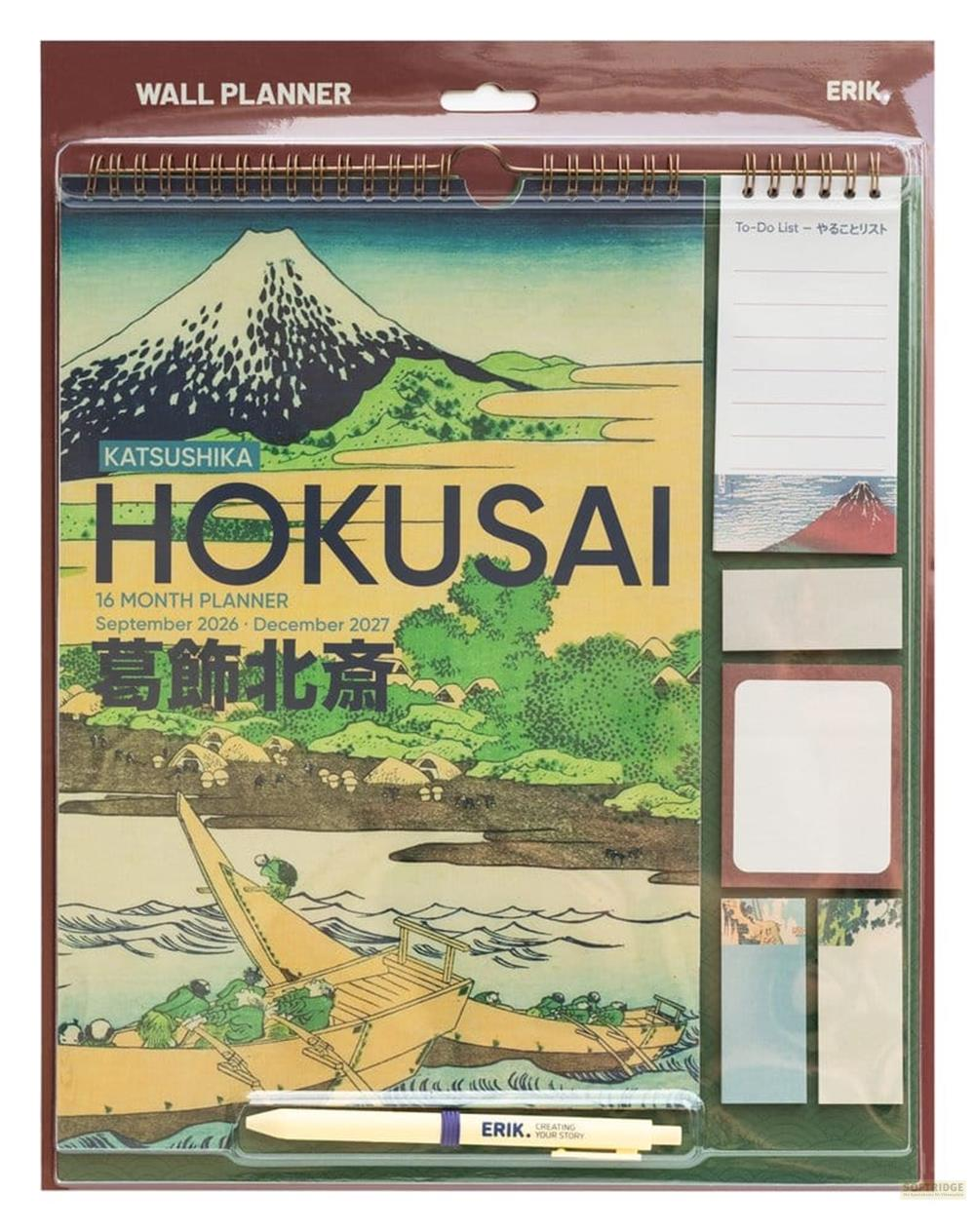Calendario de pared con arte de Hokusai, lista y bolígrafo.
