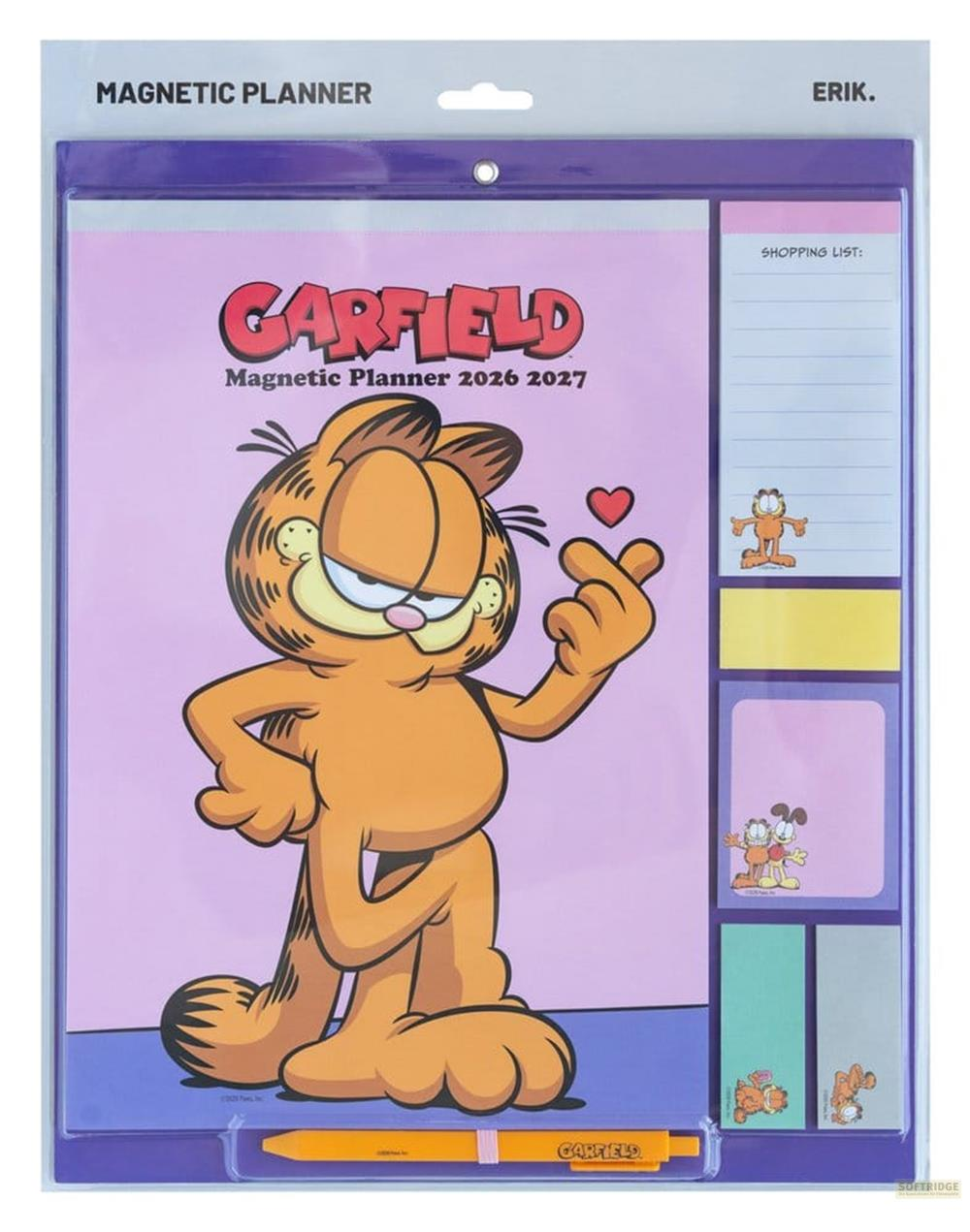 Planificador magnético de Garfield con pose linda, lista de compras y notas adhesivas.