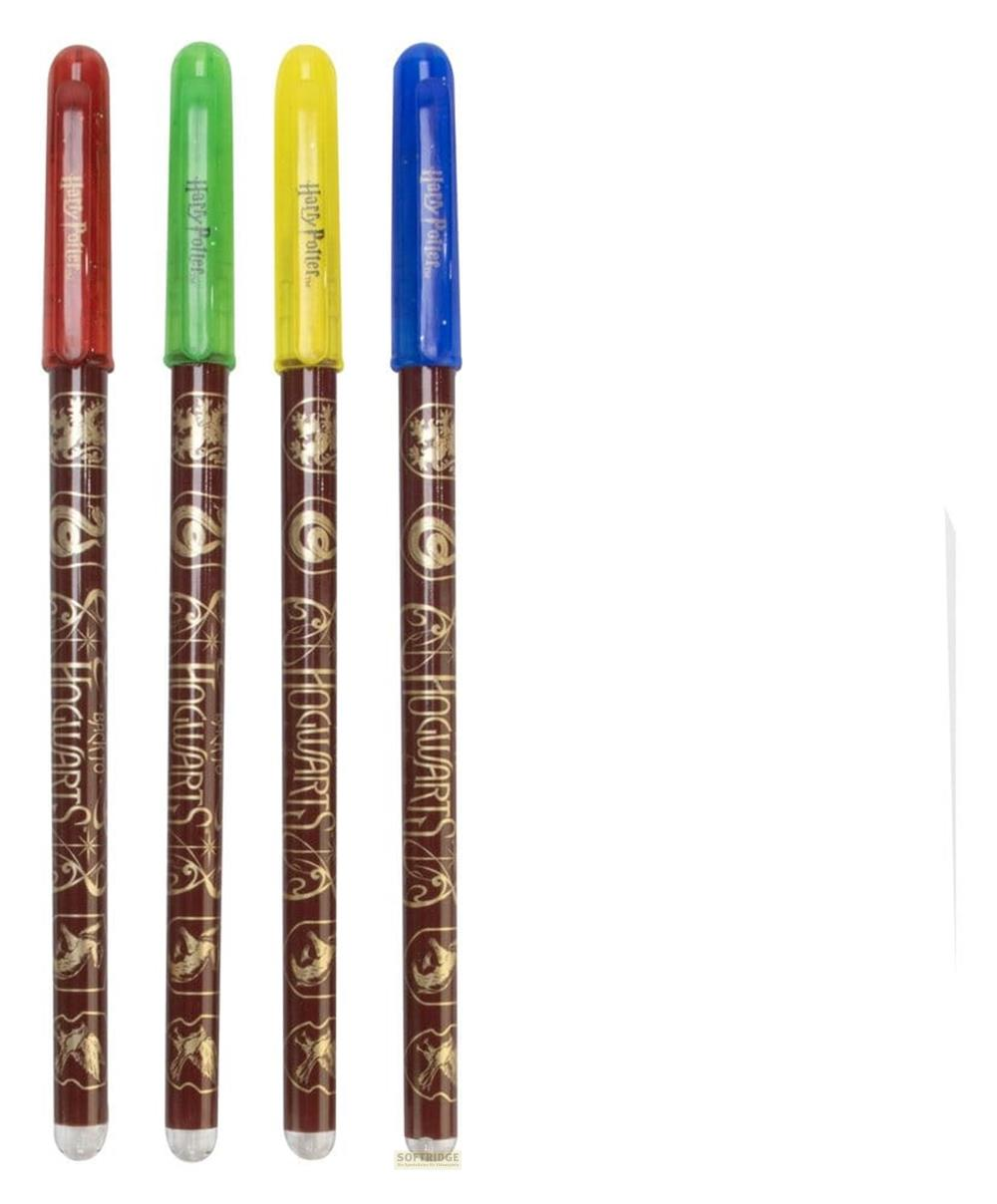 Vier Harry-Potter-Stifte mit roter, grüner, gelber und blauer Kappe und goldenem Hogwarts-Design.