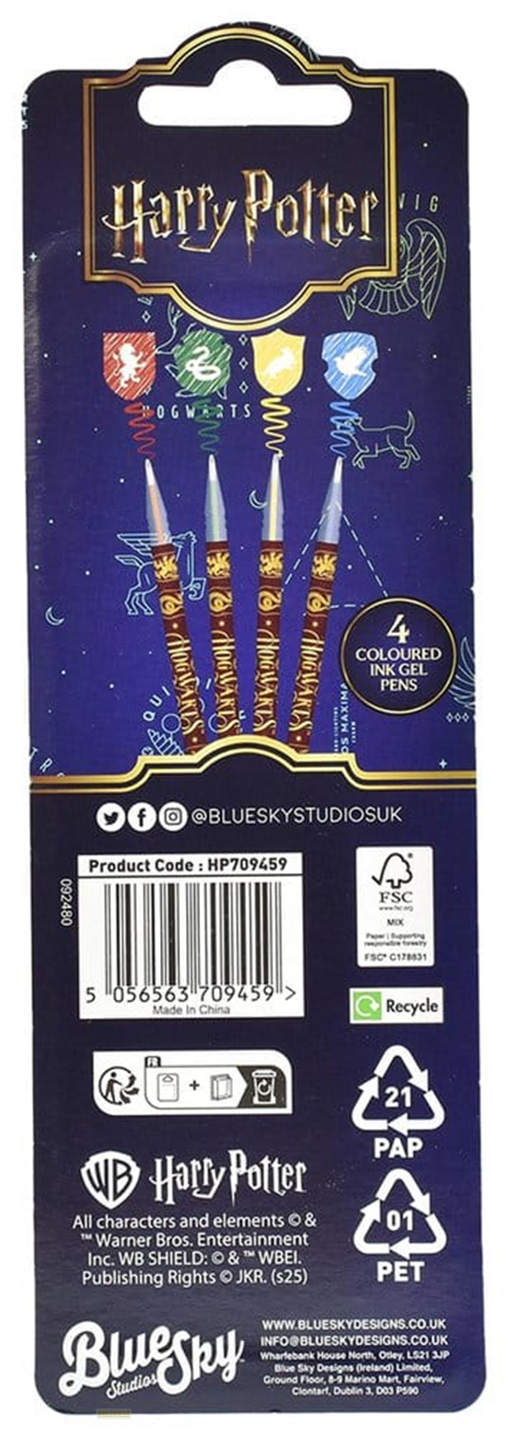 Verpackung von vier Harry-Potter-Gelstiften mit Hogwarts-Wappen vor blauem Hintergrund.