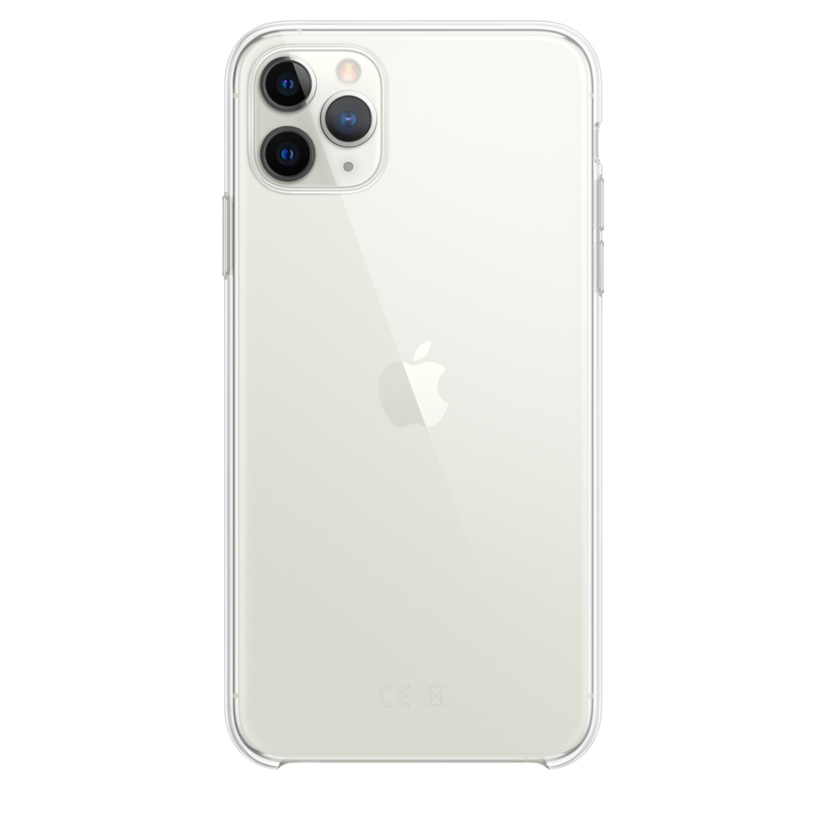 Il retro di uno smartphone argento con tripla fotocamera in una custodia protettiva trasparente su sfondo bianco.