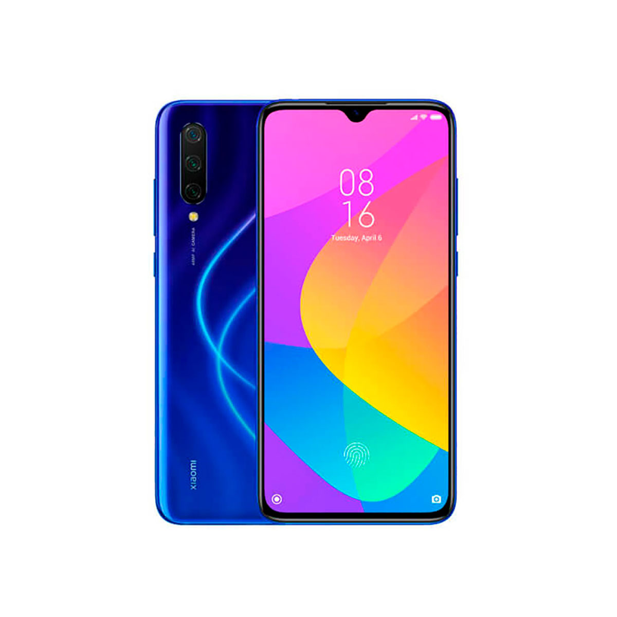 Due smartphone blu, uno con schermo colorato e ora, l'altro che mostra la fotocamera posteriore.
