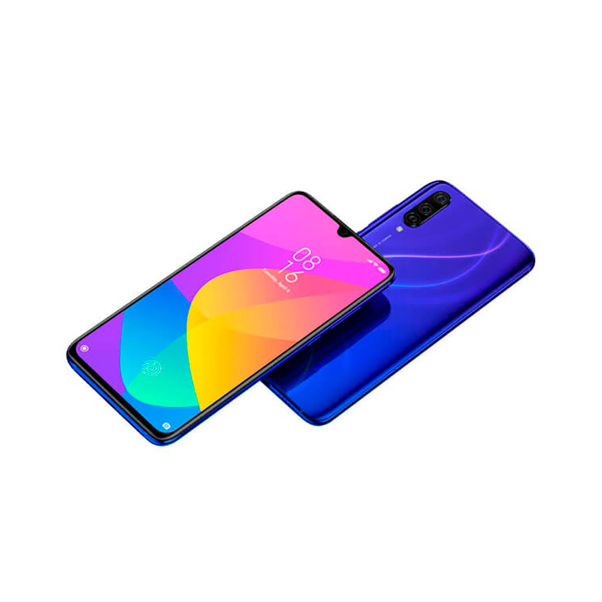 Due smartphone blu mostrano la parte anteriore e posteriore.