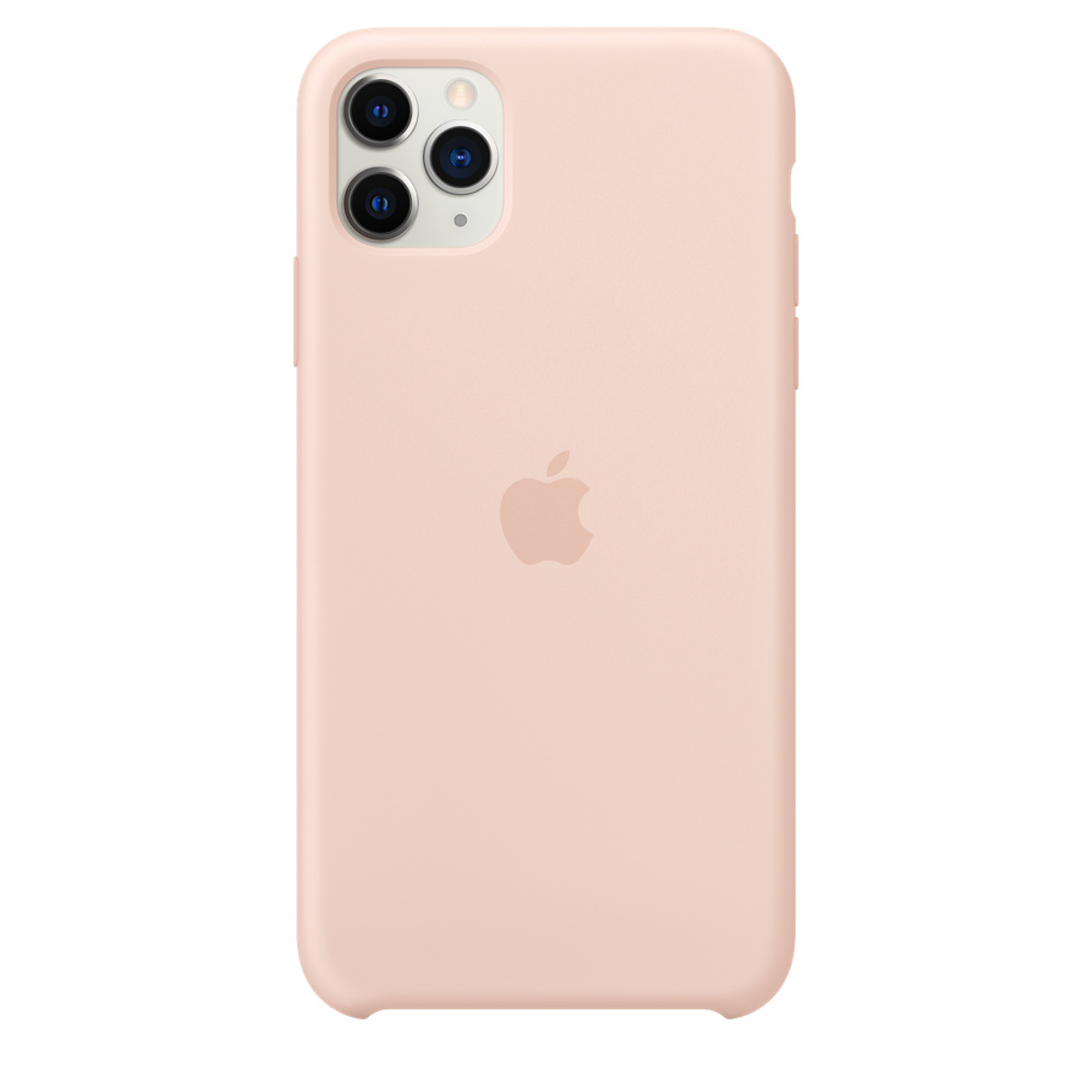 Una cover per smartphone rosa con il logo Apple e tre fotocamere su sfondo bianco.