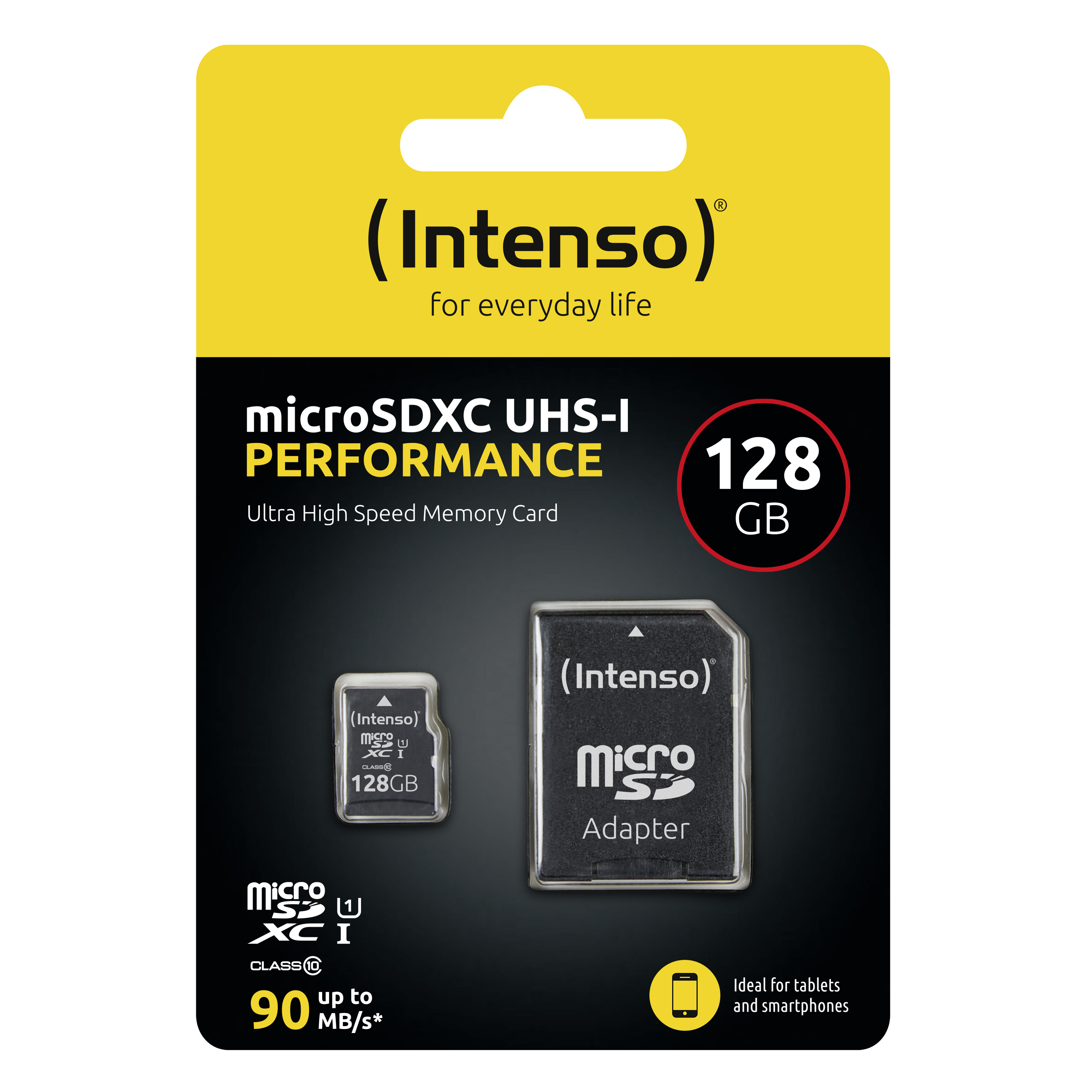 Confezione di scheda di memoria microSDXC Intenso da 128 GB con adattatore, design giallo e nero.