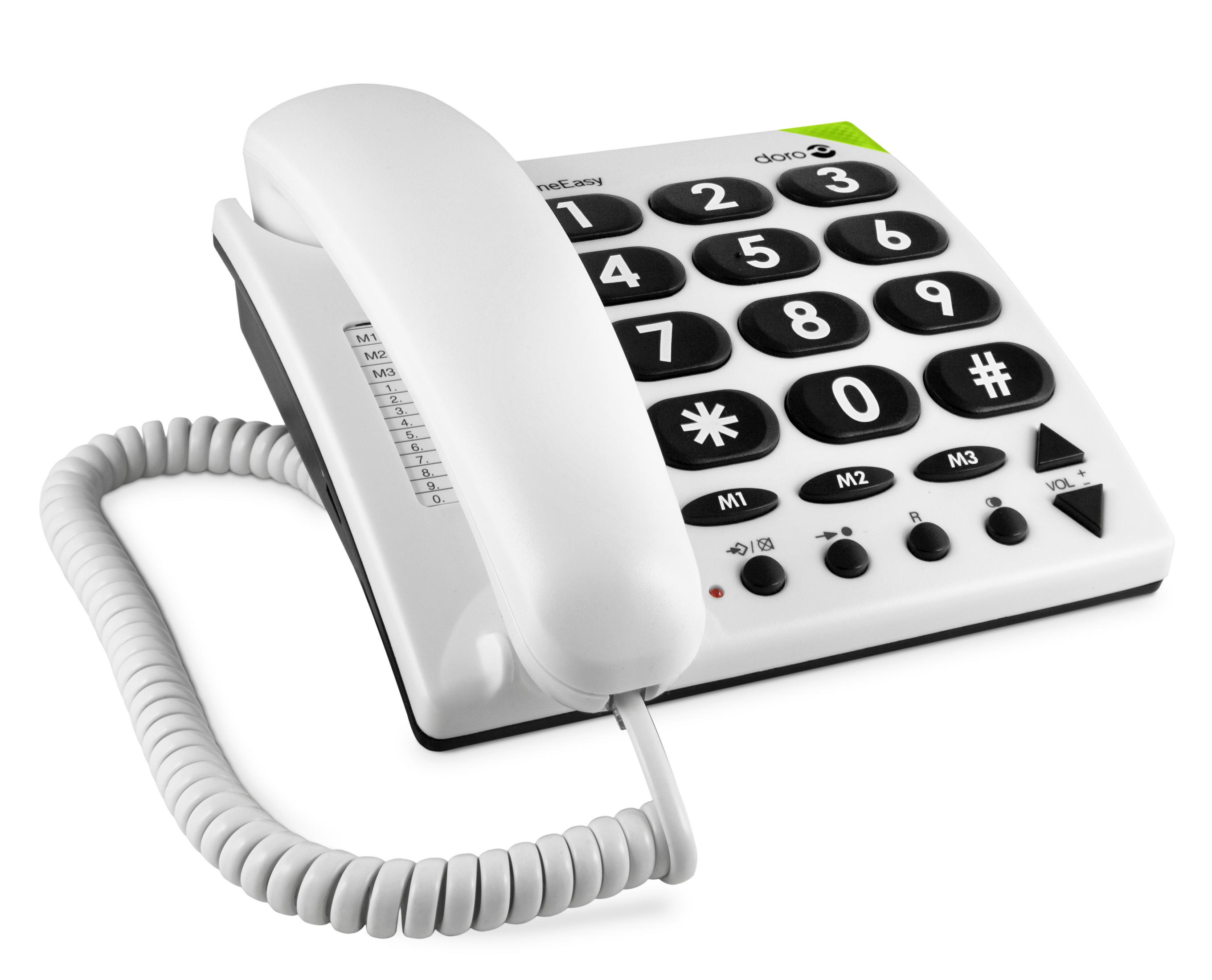 Un telefono fisso bianco con grandi pulsanti neri e una cornetta con cavo a spirale, su sfondo bianco.