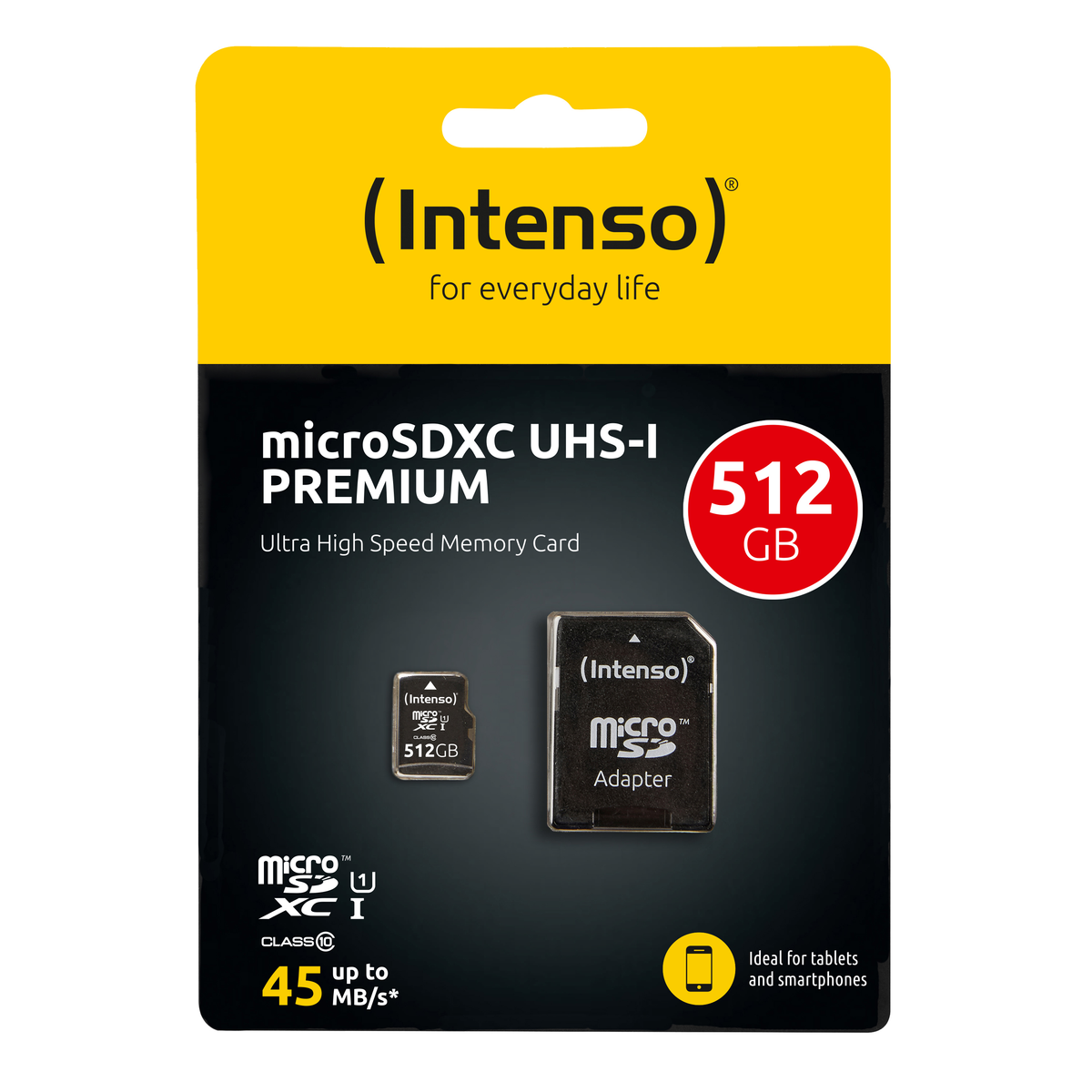 Scheda di memoria microSDXC Intenso da 512 GB con adattatore nella confezione originale su sfondo giallo e nero.