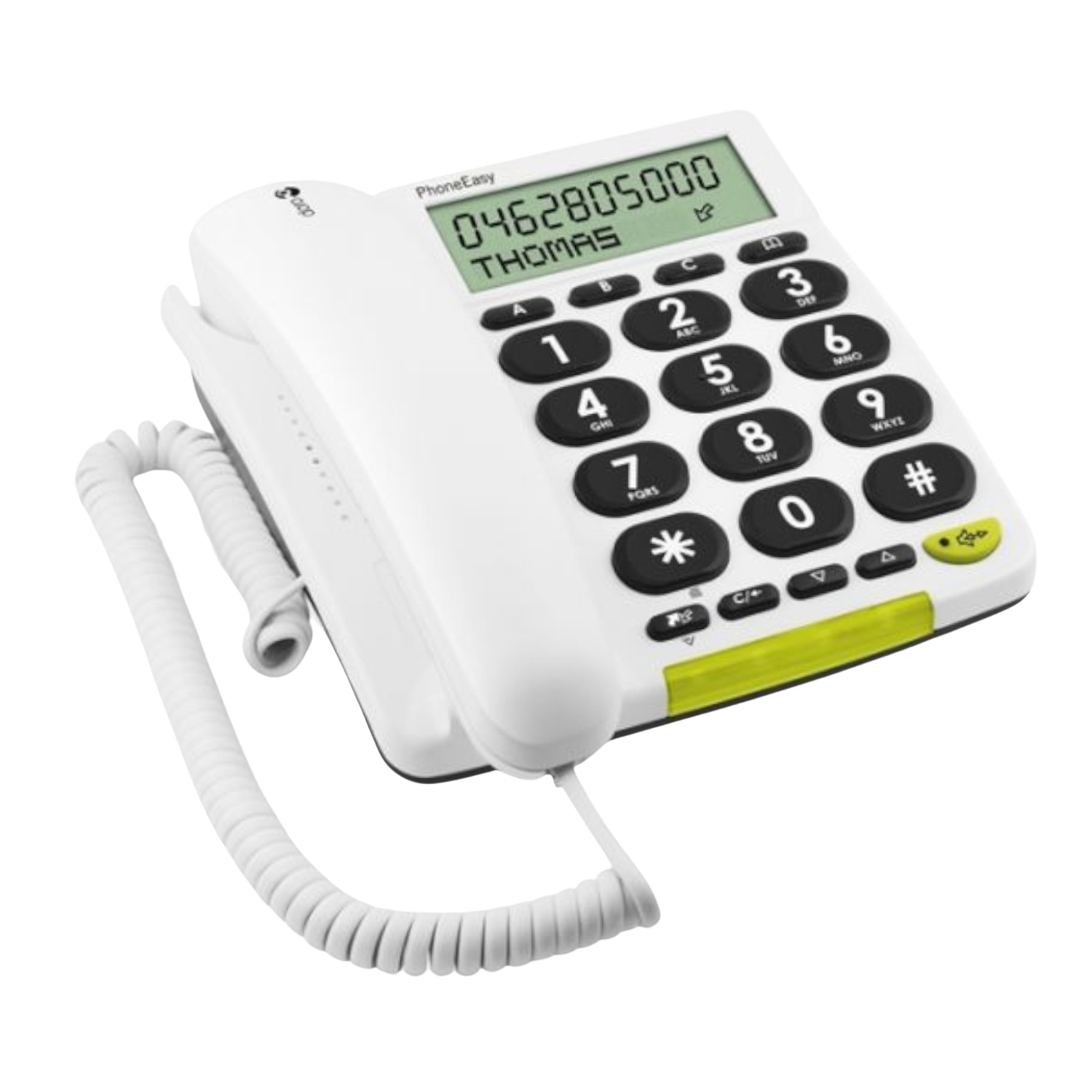 Telefono da tavolo bianco con tastiera grande, display LCD e cornetta con cavo a spirale su sfondo nero.