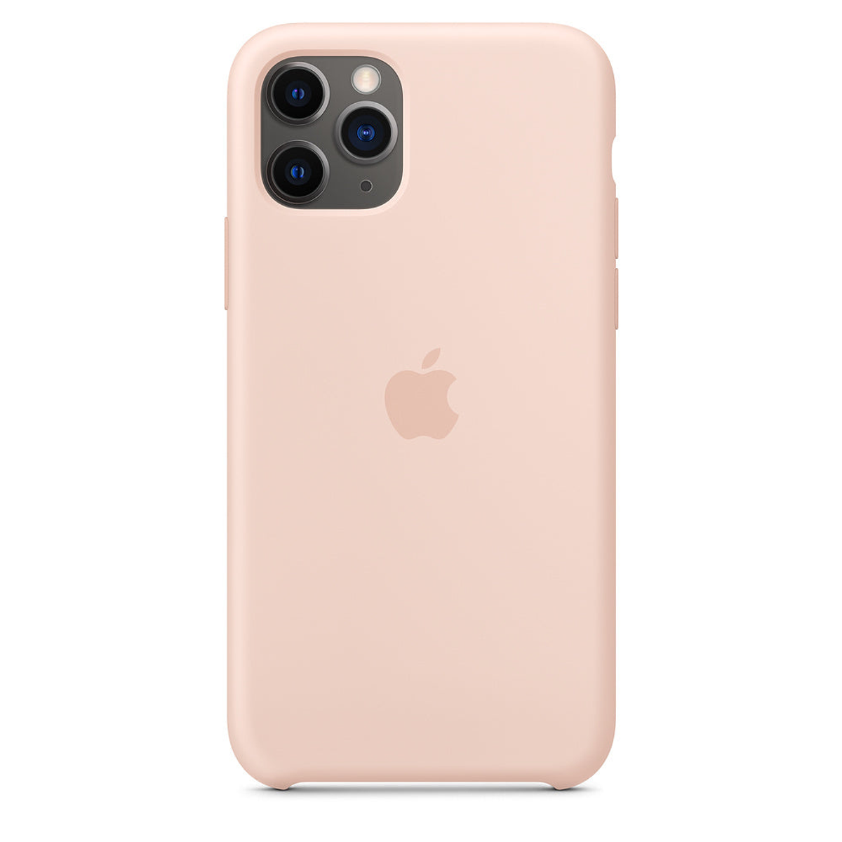 Une coque de téléphone en silicone rose à l'arrière d'un iPhone avec trois appareils photo.