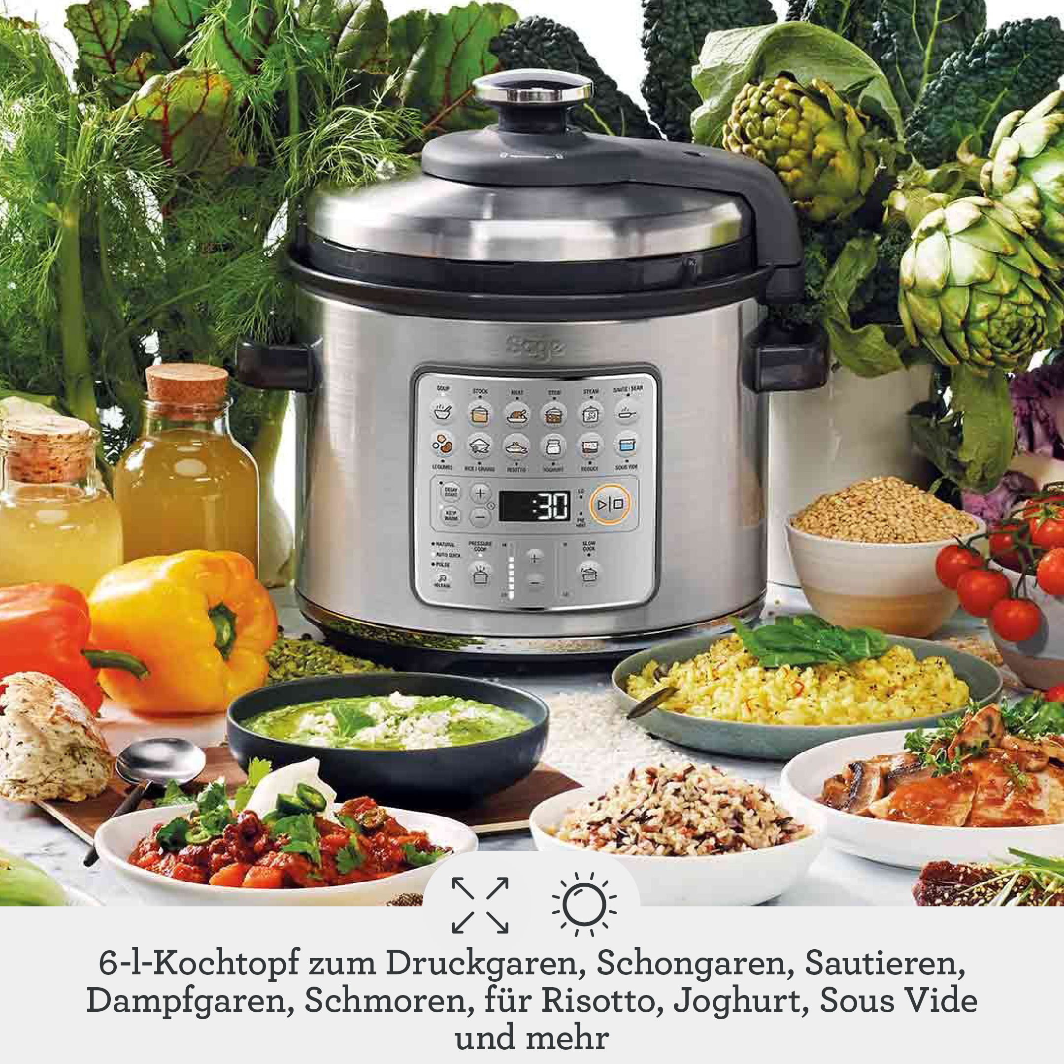 Un multicooker in acciaio inossidabile circondato da verdure fresche, cereali e piatti preparati su una superficie bianca.