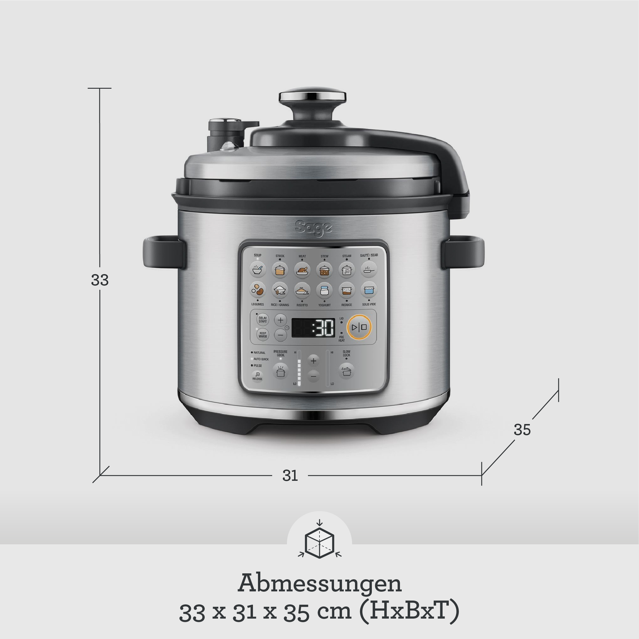 Pentola a pressione in acciaio inossidabile con pannello di controllo grigio, display digitale e dimensioni di altezza, larghezza e profondità.