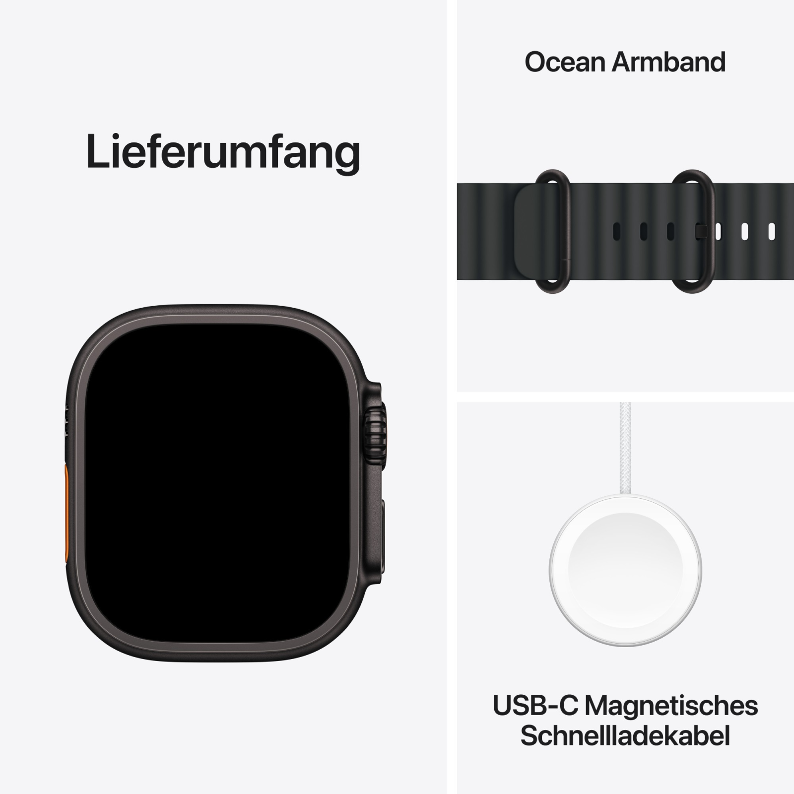 Lieferumfang: Schwarze Smartwatch, Ocean Armband und USB-C Magnetisches Schnellladekabel.