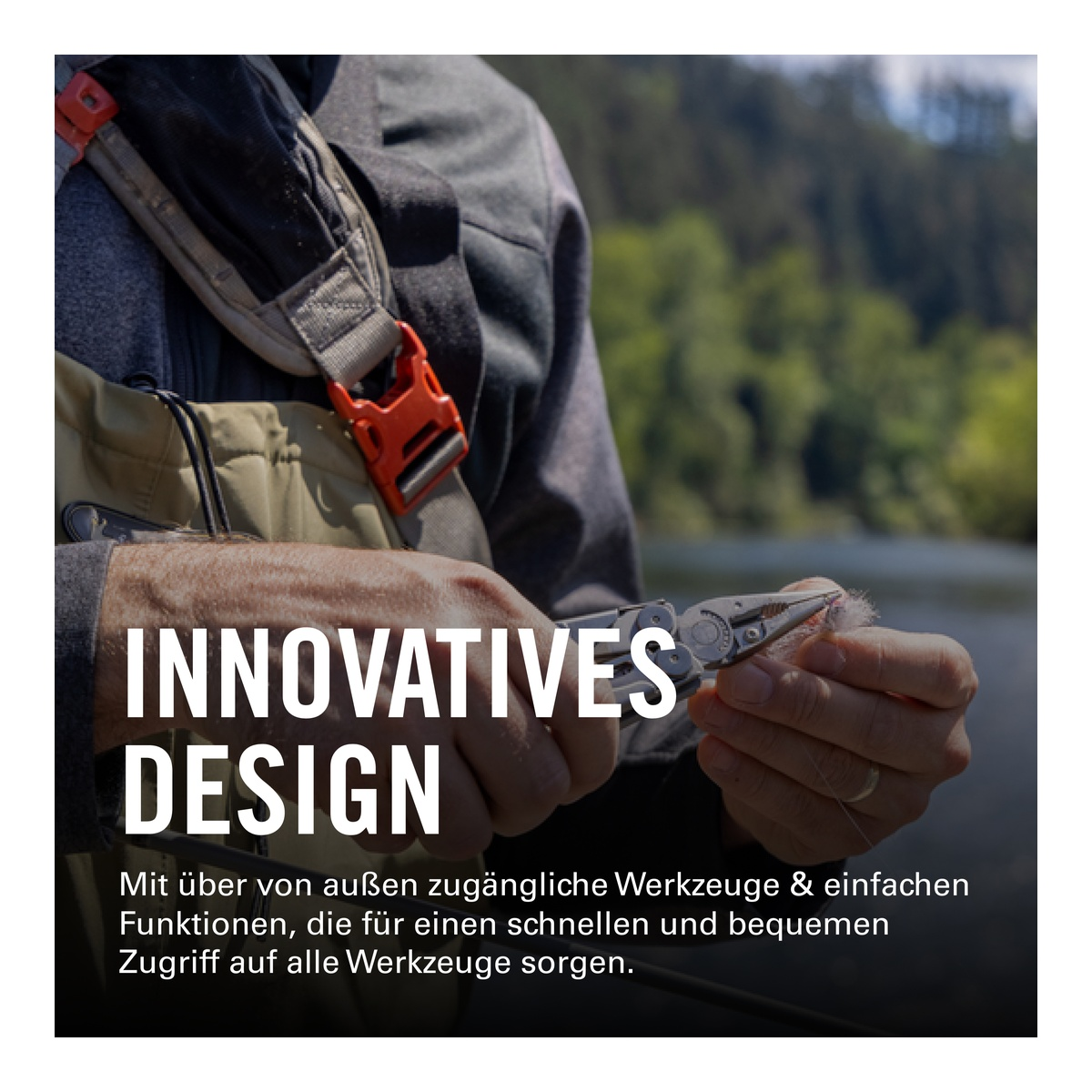 Ein Angler hält ein Multitool, mit Text über innovativem Design.