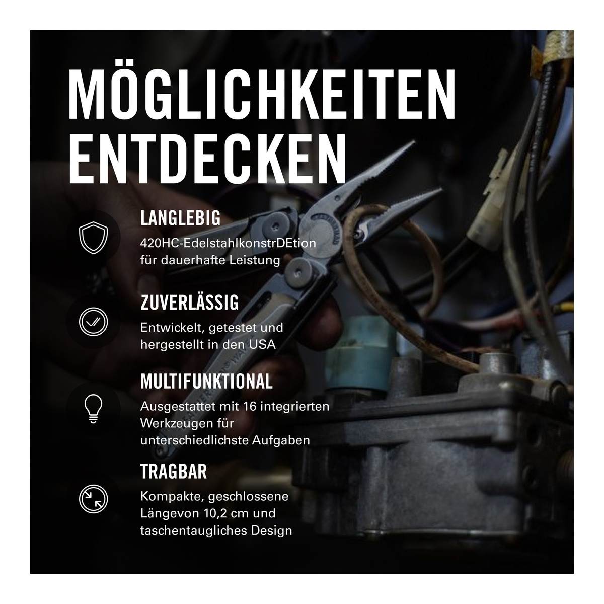 Ein Multitool an Maschinen, mit deutschem Text zu Produkteigenschaften wie Langlebigkeit und Multifunktionalität.