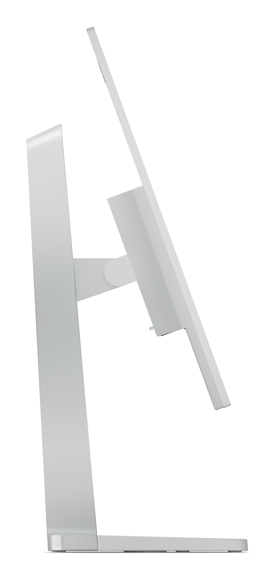 Vista laterale di un moderno monitor di computer bianco su supporto da scrivania su sfondo bianco.