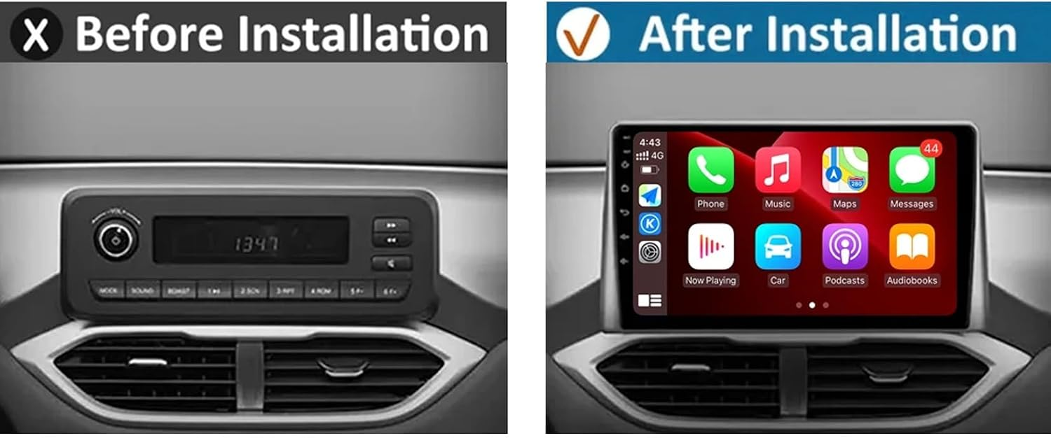 Confronto prima e dopo che mostra il cruscotto di un'auto con una vecchia radio e un nuovo grande touchscreen.