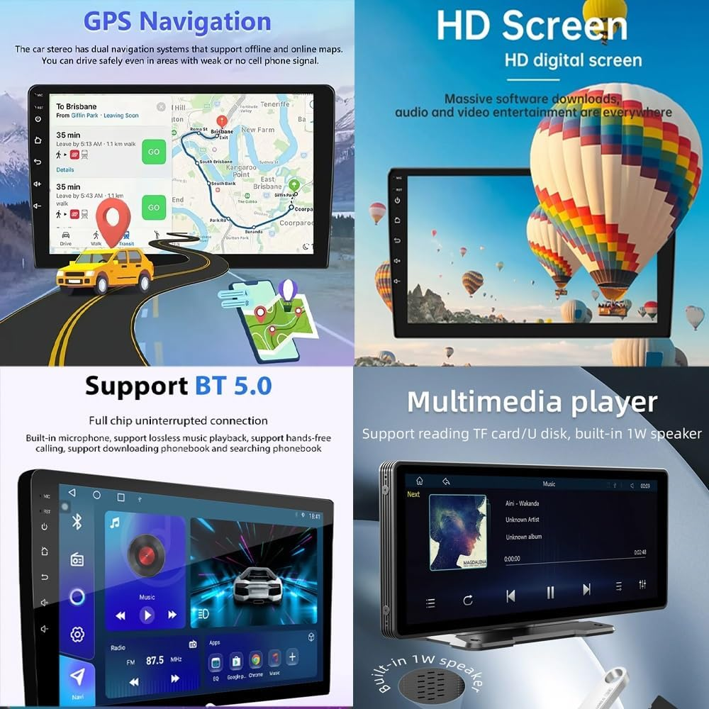 Quattro pannelli mostrano le funzioni dell'autoradio: GPS, schermo HD, Bluetooth 5.0 e lettore multimediale.