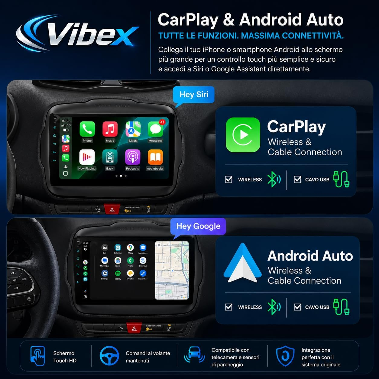 Cruscotto auto con schermo touch compatibile con Apple CarPlay e Android Auto via wireless e USB.
