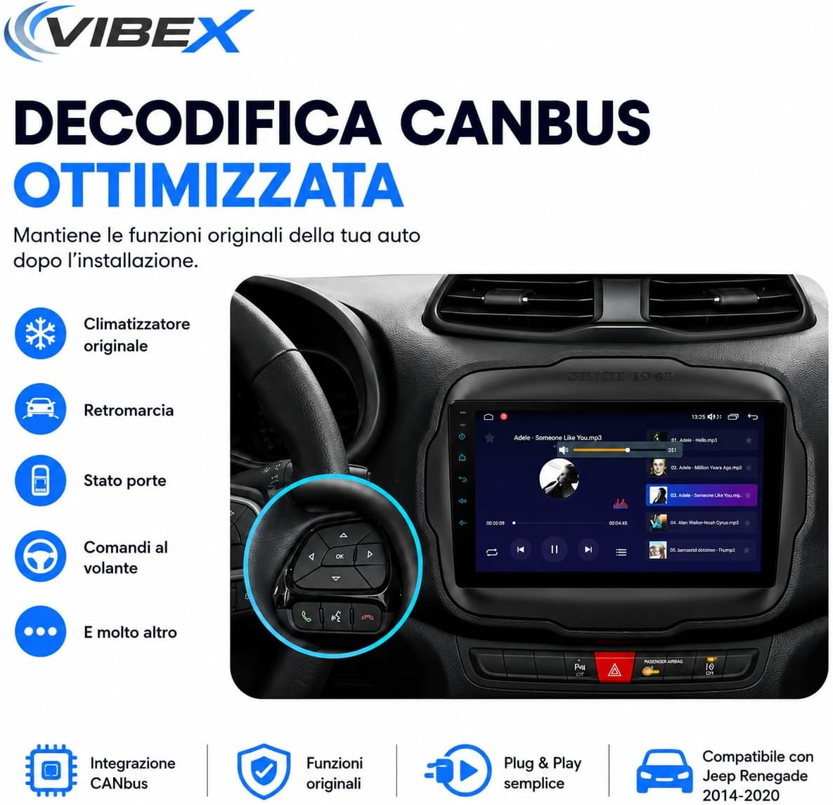 Pubblicità per un'autoradio con integrazione CANbus, comandi al volante e compatibilità con Jeep Renegade.