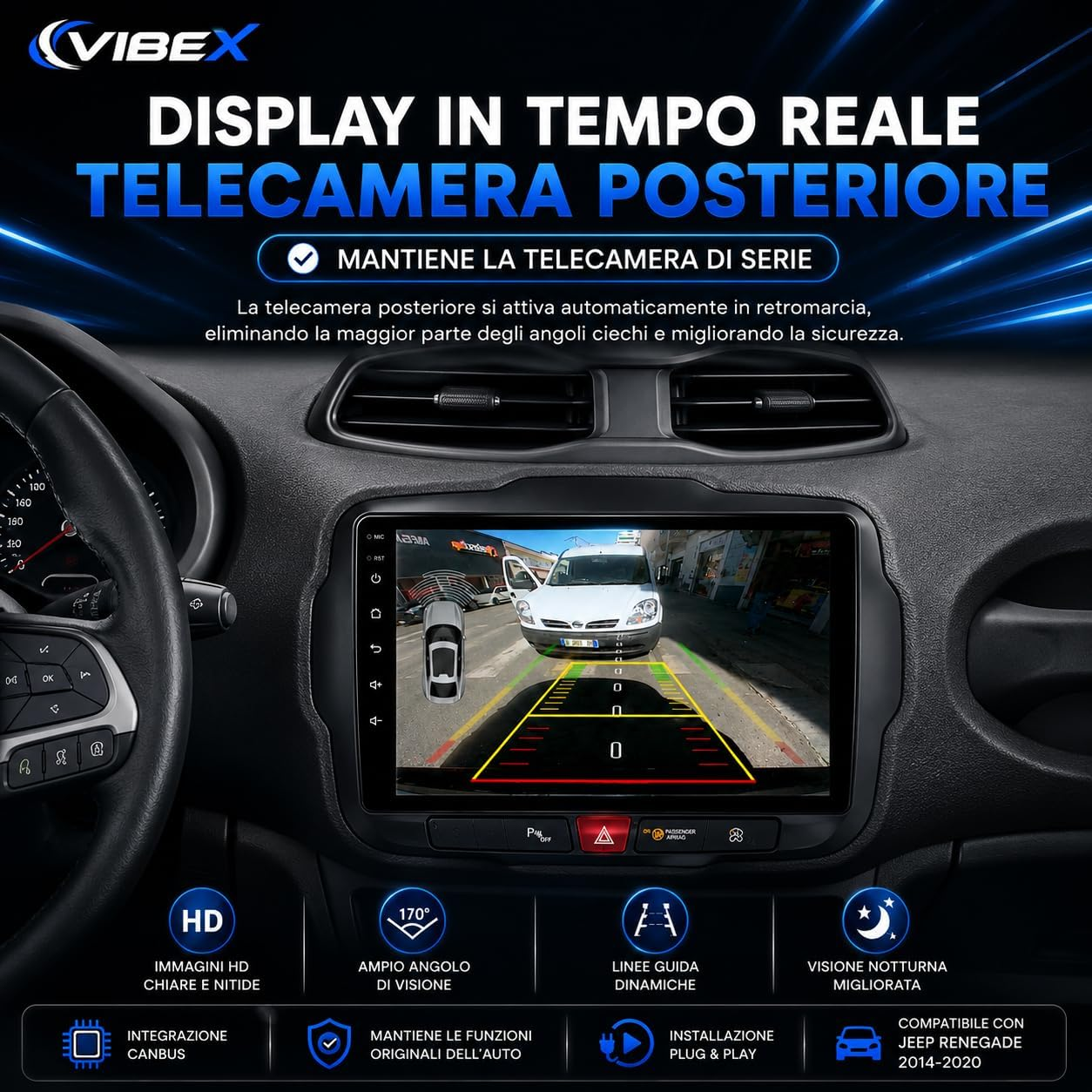 Cruscotto auto con display centrale che mostra la telecamera posteriore.