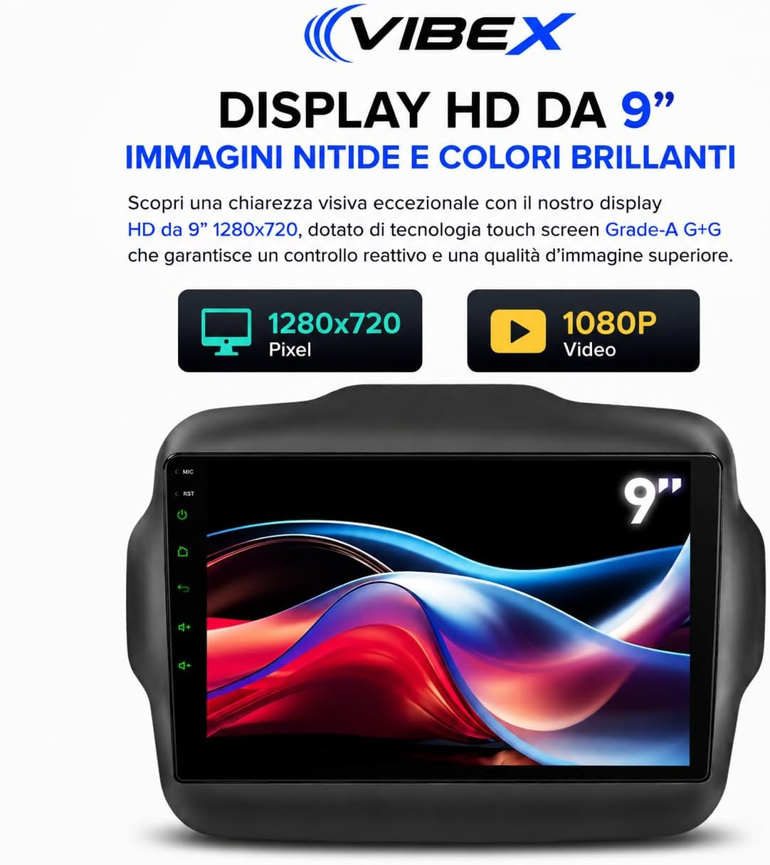 Pubblicità di un display per autoradio da 9 pollici con sfondo astratto colorato e testo in italiano.