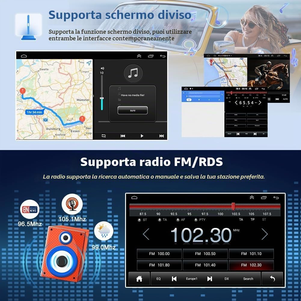 Display per autoradio che mostra navigazione a schermo diviso e radio FM RDS con altoparlanti blu.