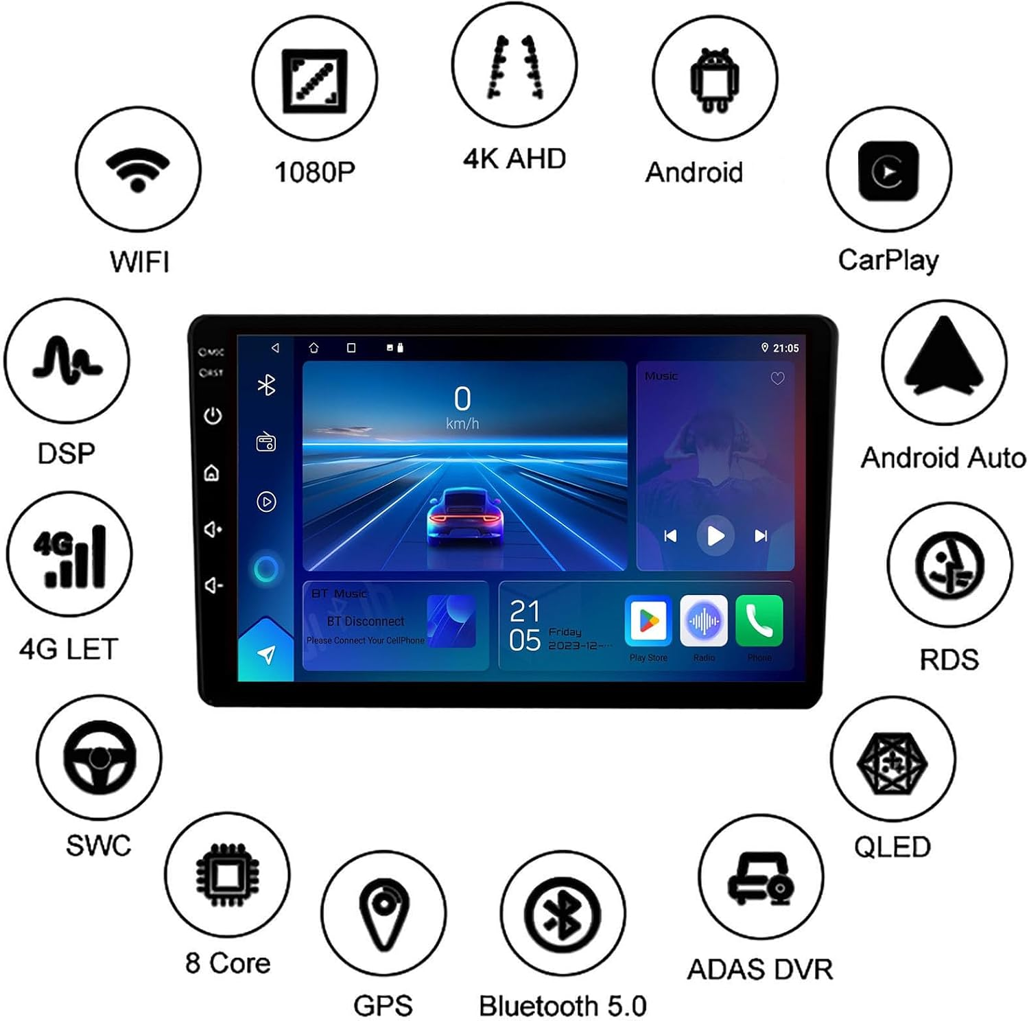 Schermo per autoradio circondato da icone circolari che mostrano funzionalità come WiFi, GPS e CarPlay.