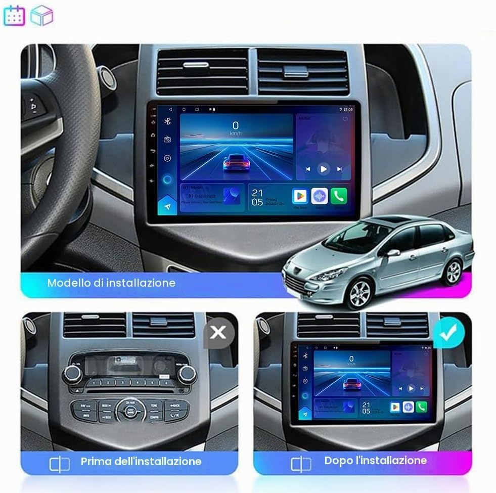 Confronto della console prima e dopo l'installazione di una nuova autoradio touchscreen in un'auto grigia.