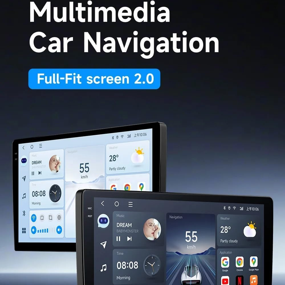 Due moderni schermi multimediali di navigazione per auto mostrano meteo, musica e navigazione.