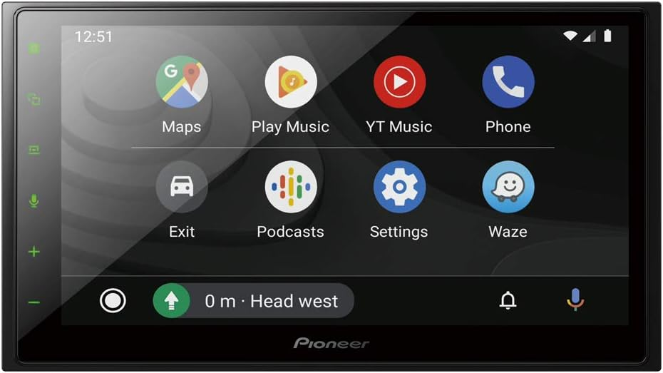 Schermo autoradio Pioneer con icone di app per mappe, musica, telefono e navigazione.