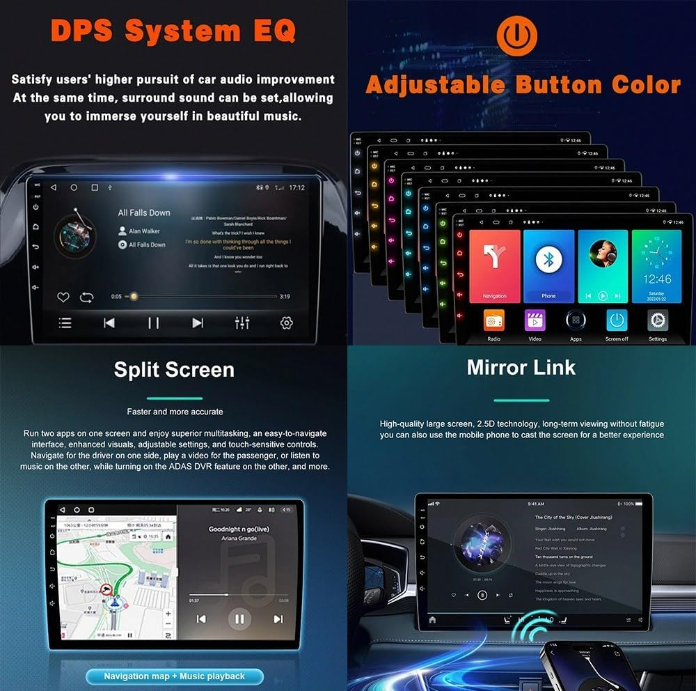 Autoradio con equalizzatore DPS, colore dei pulsanti regolabile, schermo diviso e mirror link.