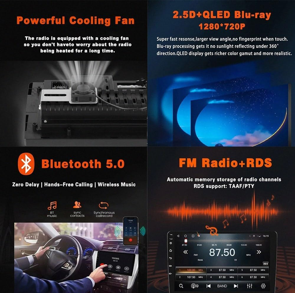 Caratteristiche dell'autoradio: ventola, display QLED, Bluetooth 5.0 e radio FM con RDS.