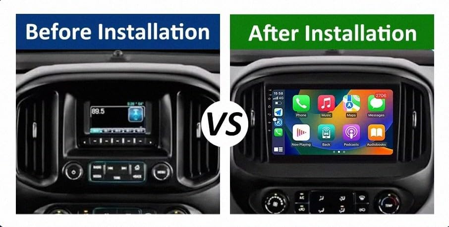 Confronto del cruscotto di un'auto prima e dopo l'installazione di un nuovo sistema touchscreen.