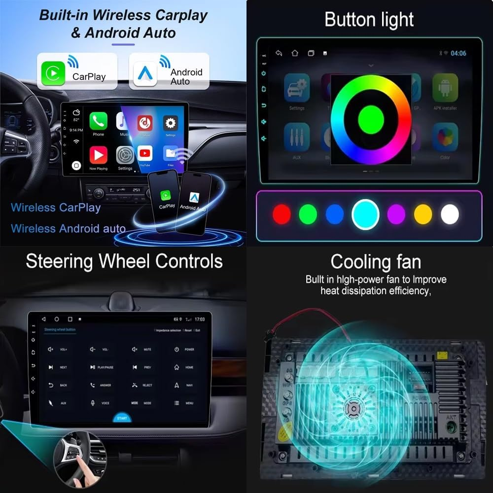 Quattro immagini che mostrano le funzioni dell'autoradio: Carplay, luce dei pulsanti, comandi al volante e ventola.