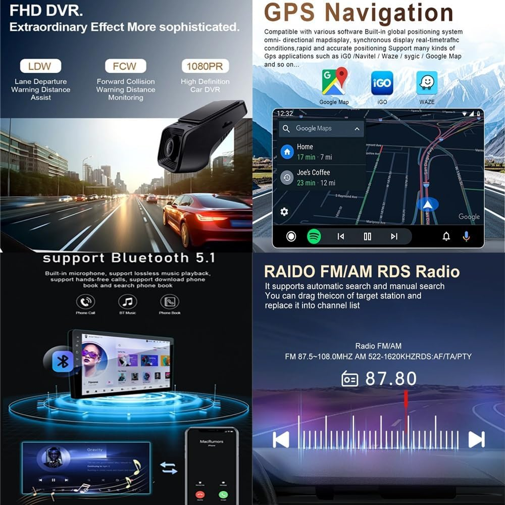Sistema di navigazione per auto con GPS, telecamera, Bluetooth e radio FM.