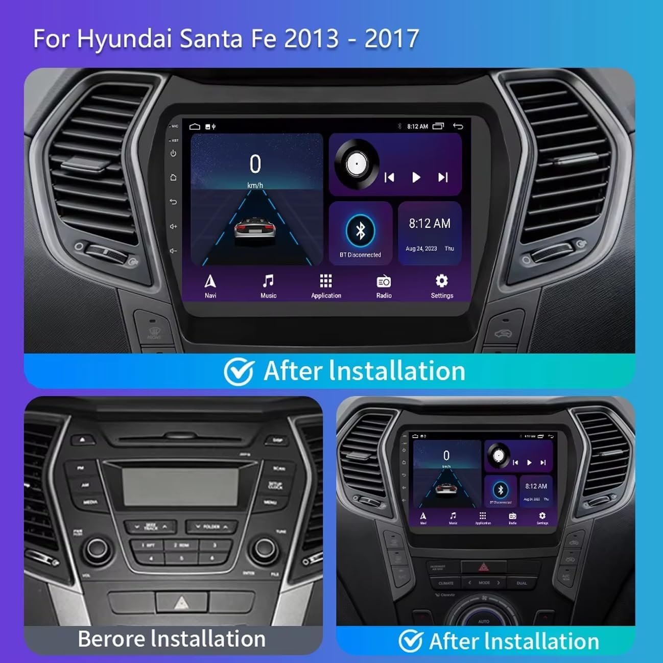 Cruscotto Hyundai Santa Fe 2013-2017 prima e dopo l'installazione di una nuova autoradio touchscreen.