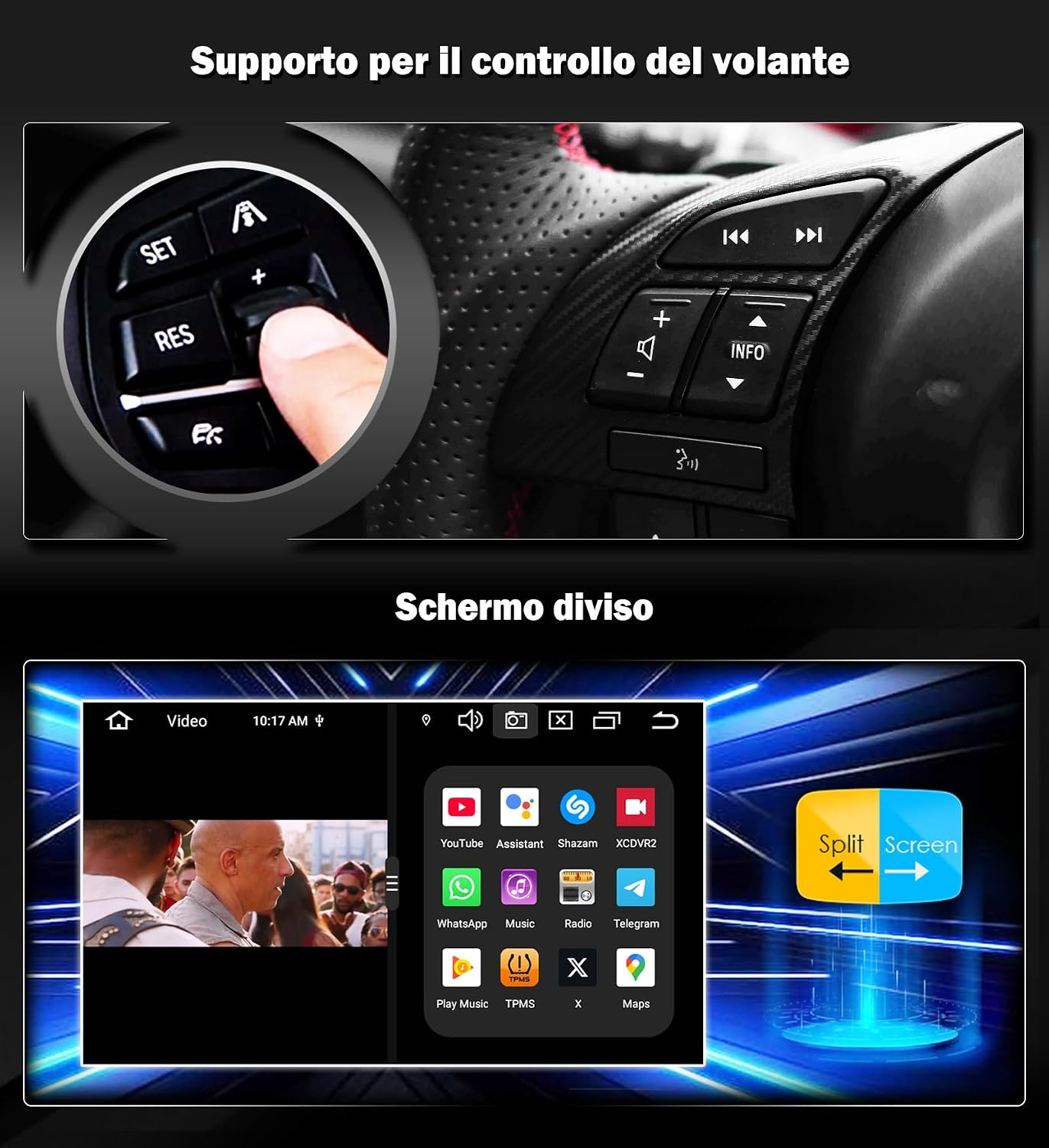 Pulsanti del volante e schermo diviso con riproduzione video e icone app.