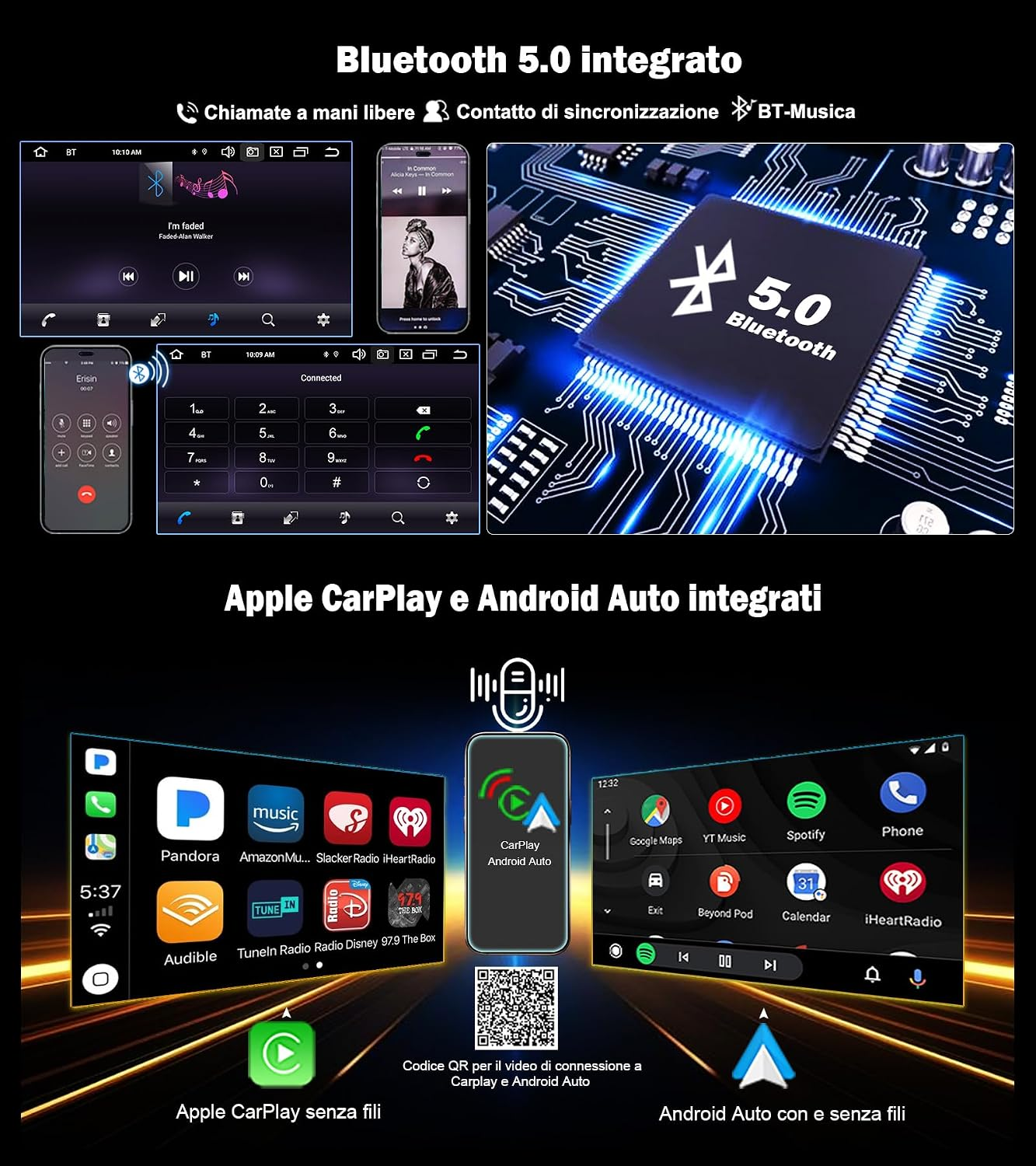 Integrazione Bluetooth 5.0, Apple CarPlay e Android Auto per auto.