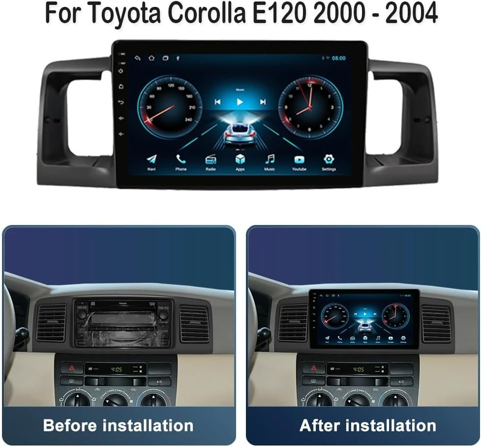 Cruscotto della Toyota Corolla E120 prima e dopo l'installazione di una moderna autoradio touch screen.