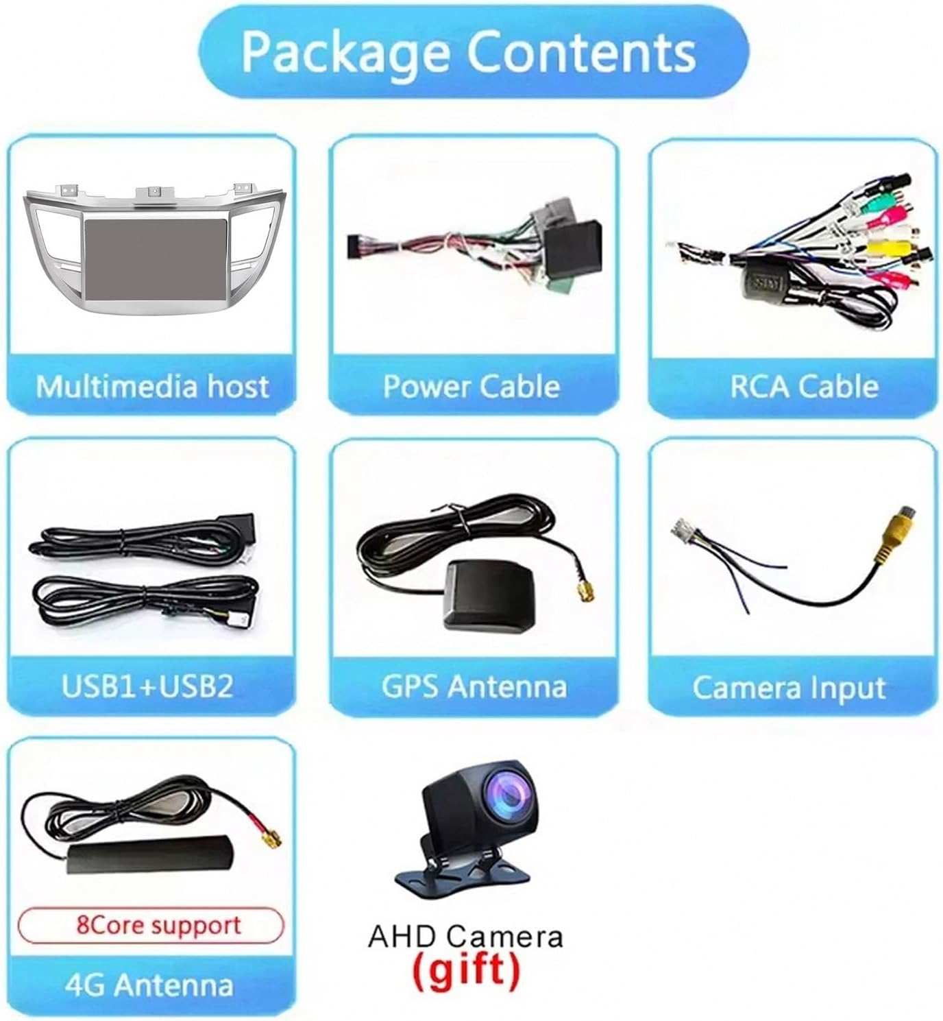 Contenuto della confezione con unità multimediale, cavi, GPS e telecamere.