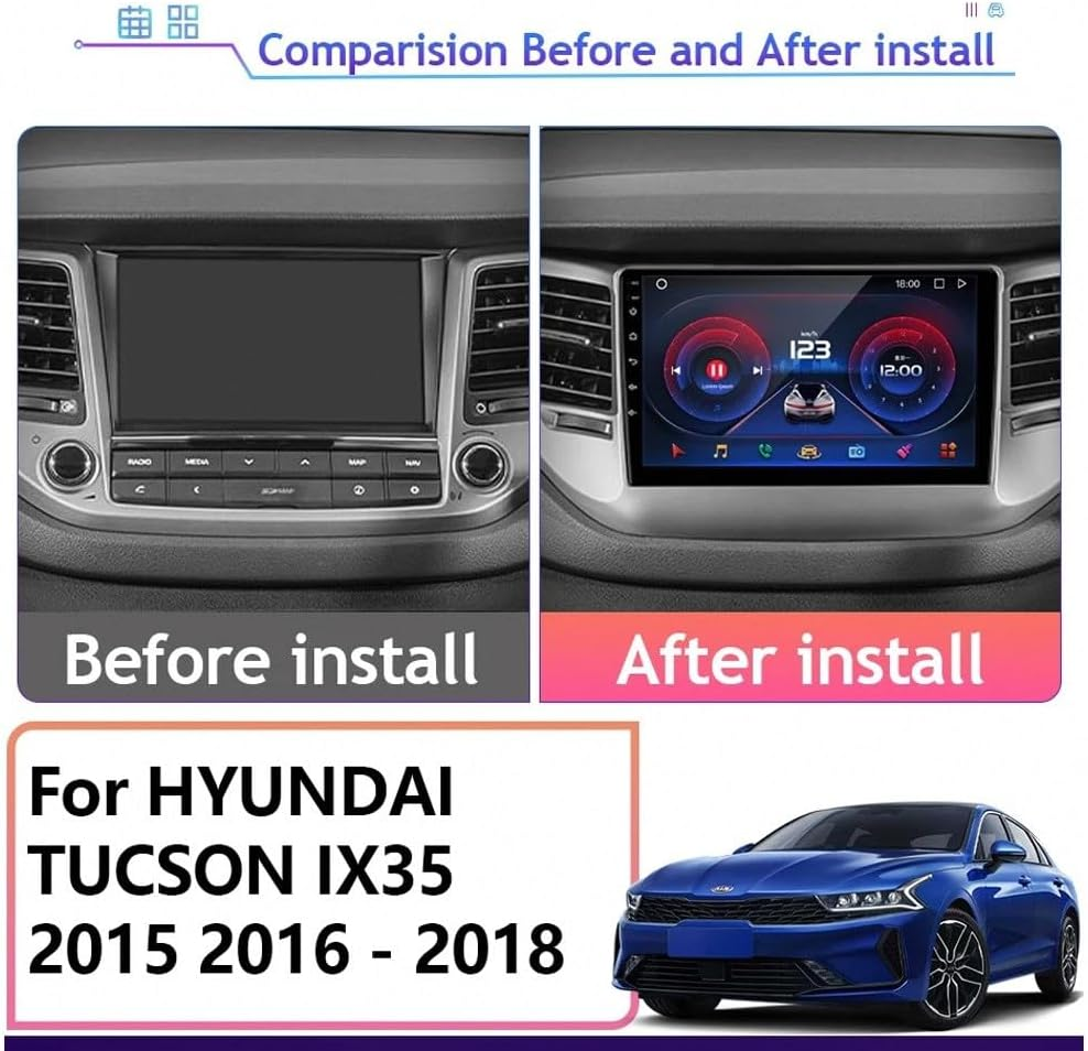 Confronto prima e dopo dell'autoradio per Hyundai Tucson IX35 con display aggiornato.