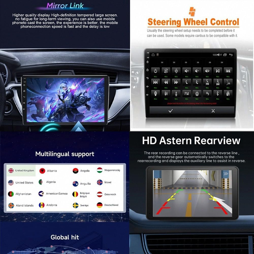 Quattro immagini mostrano display per auto con mirror link, controllo al volante e telecamera posteriore.