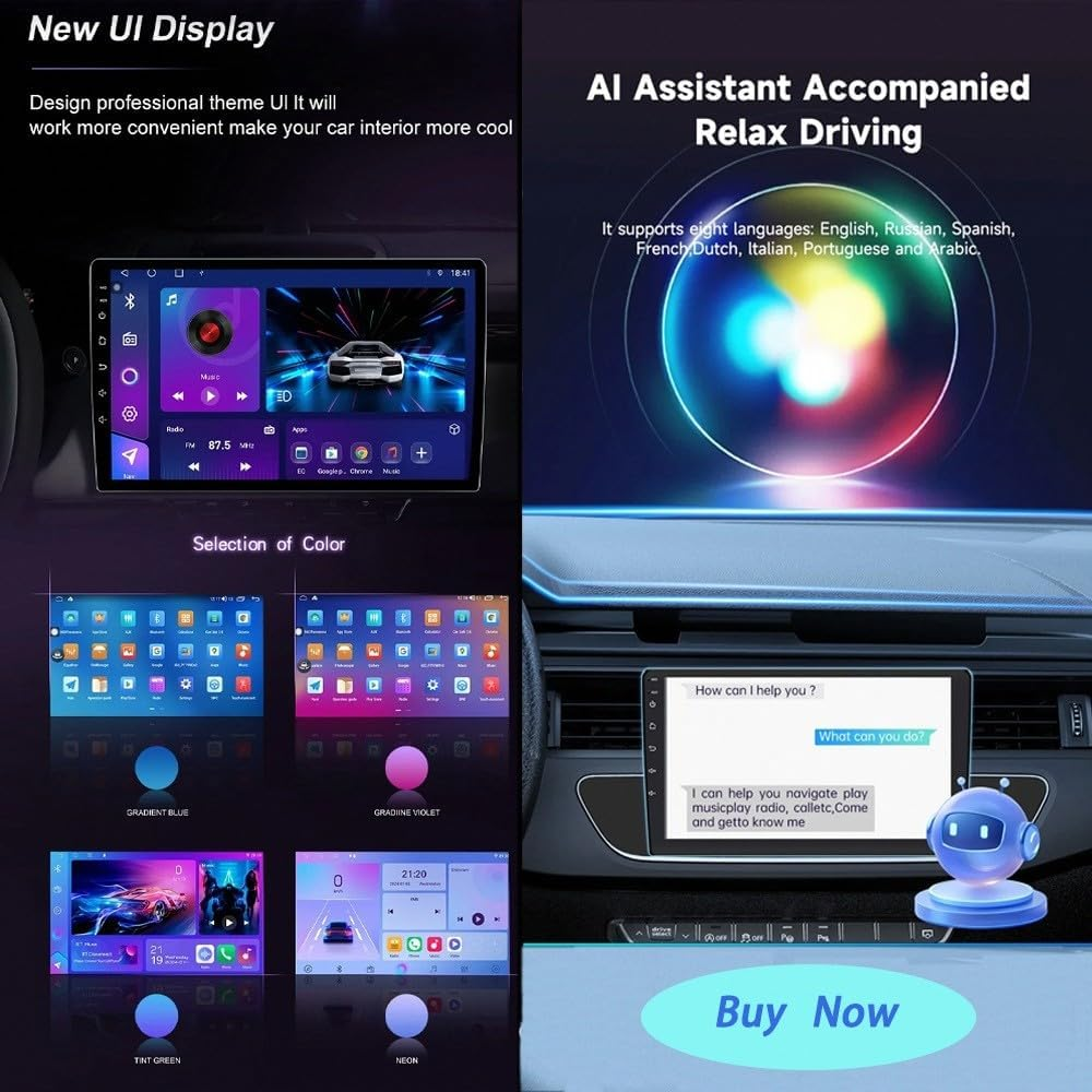 Display multimediale per auto con assistente IA e temi dell'interfaccia.
